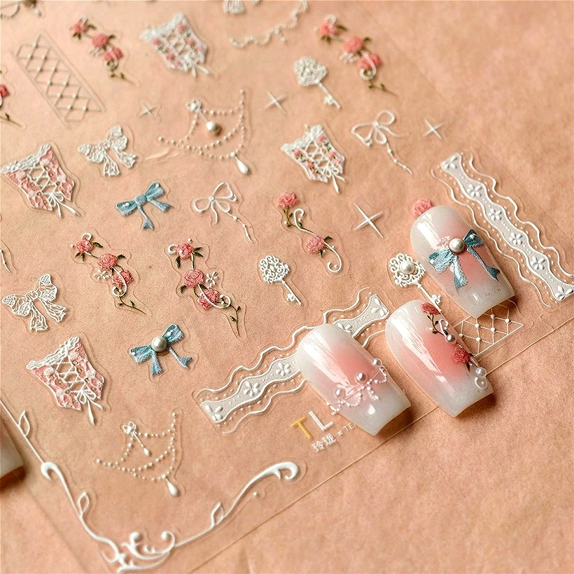 Retro Lace Corset Laced Bodice Wrap Top British Classical Dress Bowknot Rose Star Key Adhesive Nail Art Sticker Manicure Decals