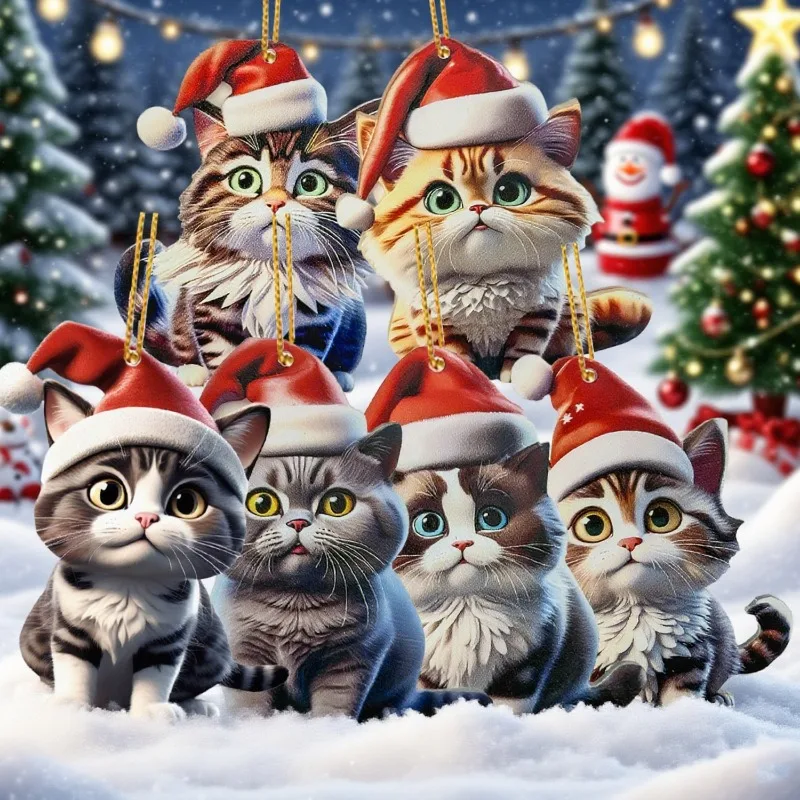 

Funny Cat Car Hanging Ornament Acrylic Christmas Pendant With Santa Hat For Rearview Mirror Auto Interior Decoration Accessories