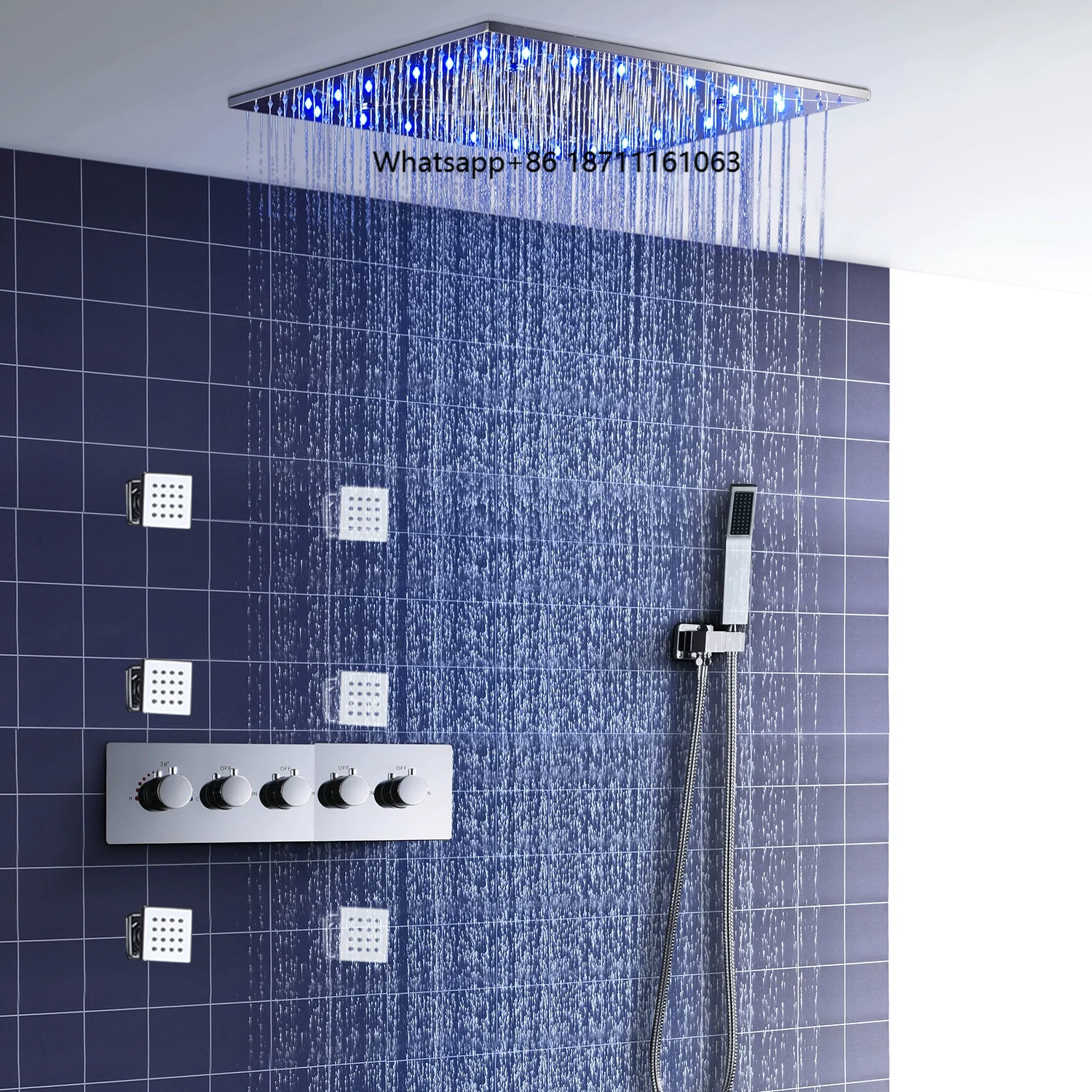 

Bathroom Thermostatic Shower Set with Rain Spray LED Faucet Music Wall-Mounted Chrome Finish Modern Design