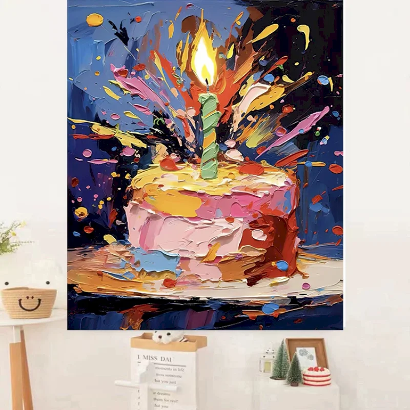 VIKAMA Birthday Tapestry Wall Hanging Colorful Cake Candles Cherry Stars Orange Cute Funny Aesthetic Party Decor