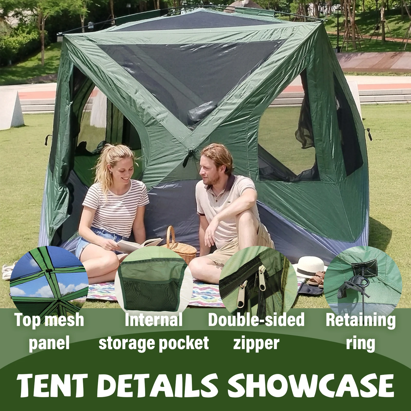 Green Hubble Tent Pop Up Spacious Mesh Window Canopy for Family Camping Backyard Beach