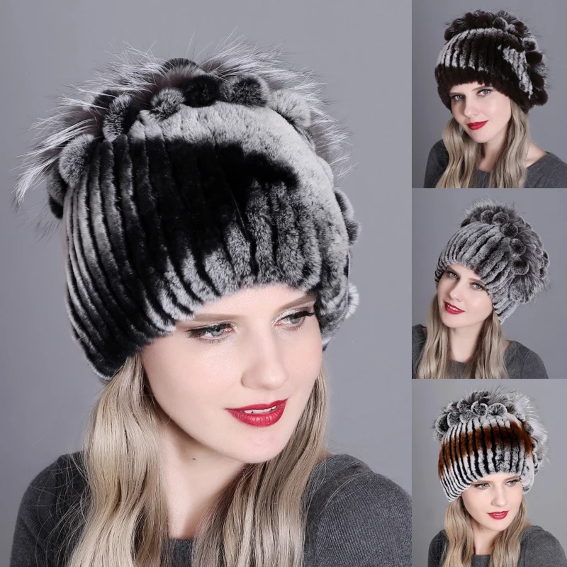 

Elegant Princess Rabbit Fur Caps For Women Fashion Winter Thick Fox Fur Flowers Striped Fur Beanies Hats Kniting Warm Snow Caps