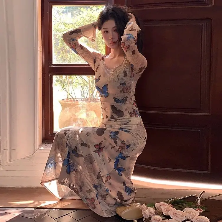 فساتين نسائية بأكمام طويلة فستان مكشكش للخريف محبوك مبطن متشابك مرونة الياقة المدورة شريط عمودي مكان العمل الرسمي #5