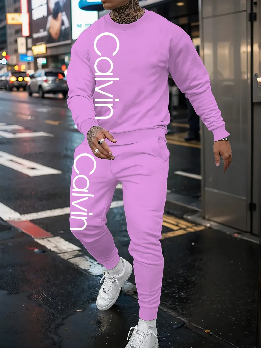 Men's two-piece sports suit with 3D printed long sleeved pants set, casual men's sports suit, soft and comfortable warm long sle