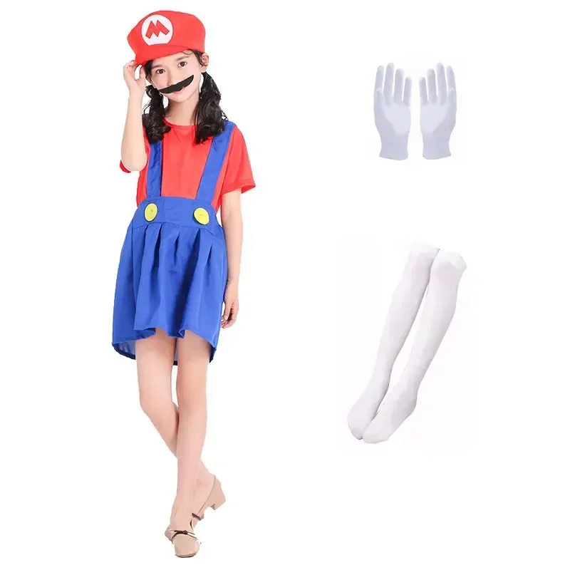 Sn88 girls Women super brother jumpsuit plumber cosplay boys kids adult Luigi costume dress hat beard gloves socks Hallowee * #2