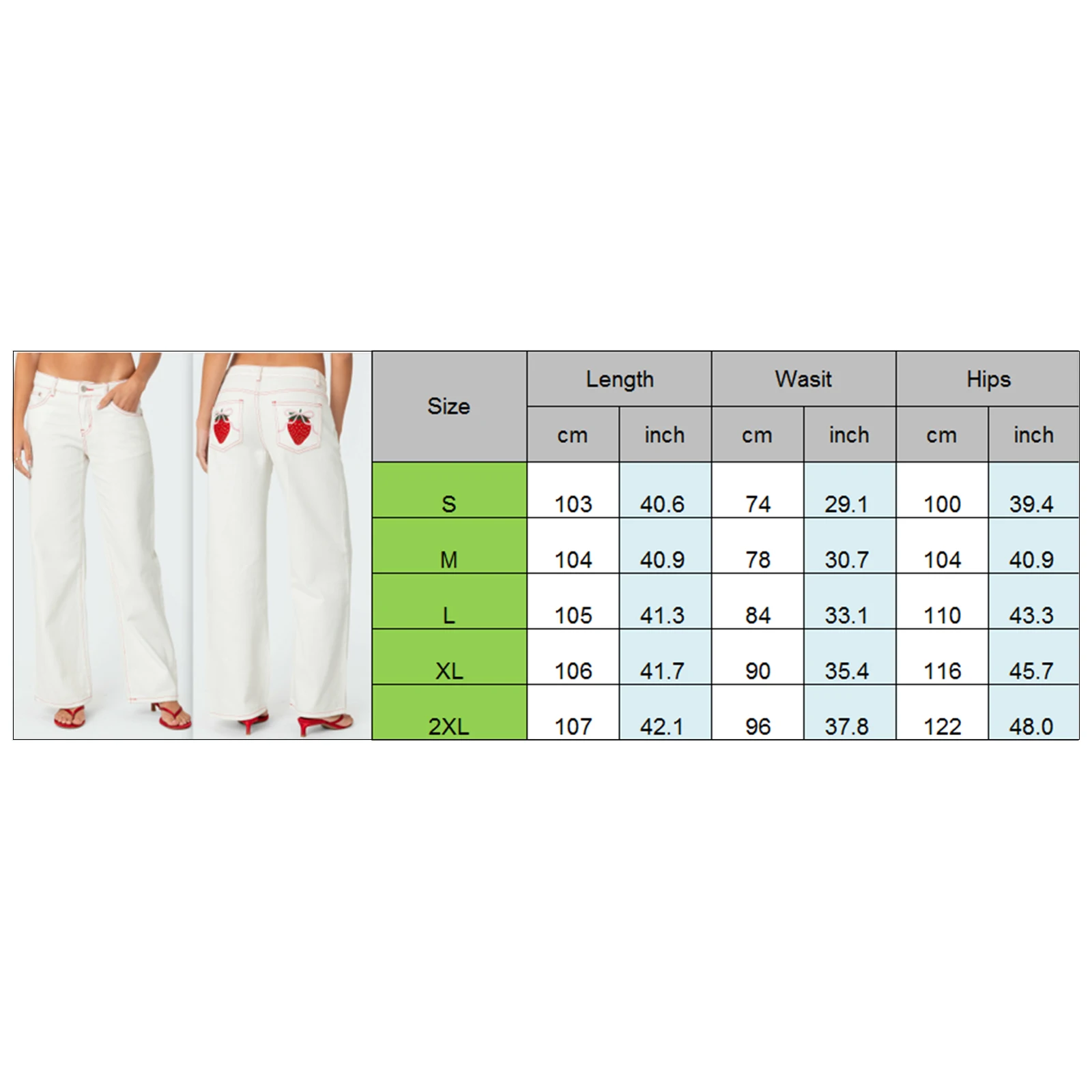 Calça jeans feminina com laço morango bordado cintura média perna reta com bolsos para verão primavera outono