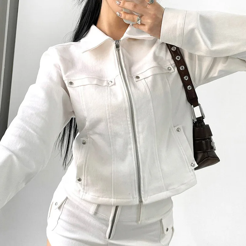 

Gtpdpllt Fashion Street Locomotive Coats Button Tooling Wind Jacket Women's New Lapel Slim Zipper Vintage Jacket Y2K Clothing