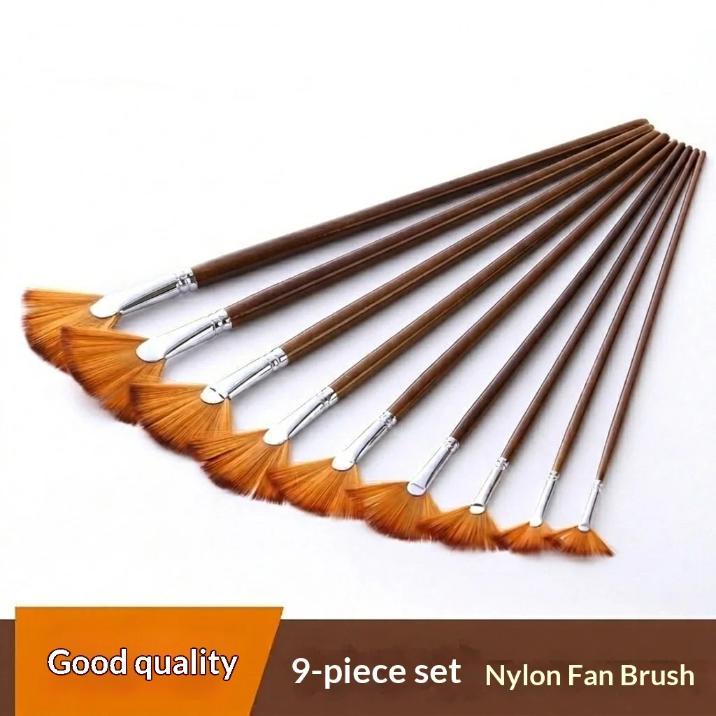 9-piece Two-color Nylon Hair Fan Shaped Brushes for Gouache Watercolor Oil Painting Wooden Handles with Fish-tail Brush Full Set