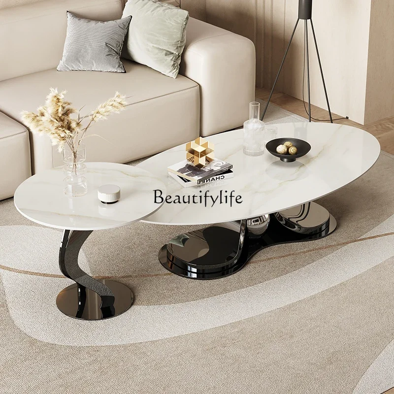 

jj Light luxury coffee table combination oval small apartment modern simple size rock slab Italian style