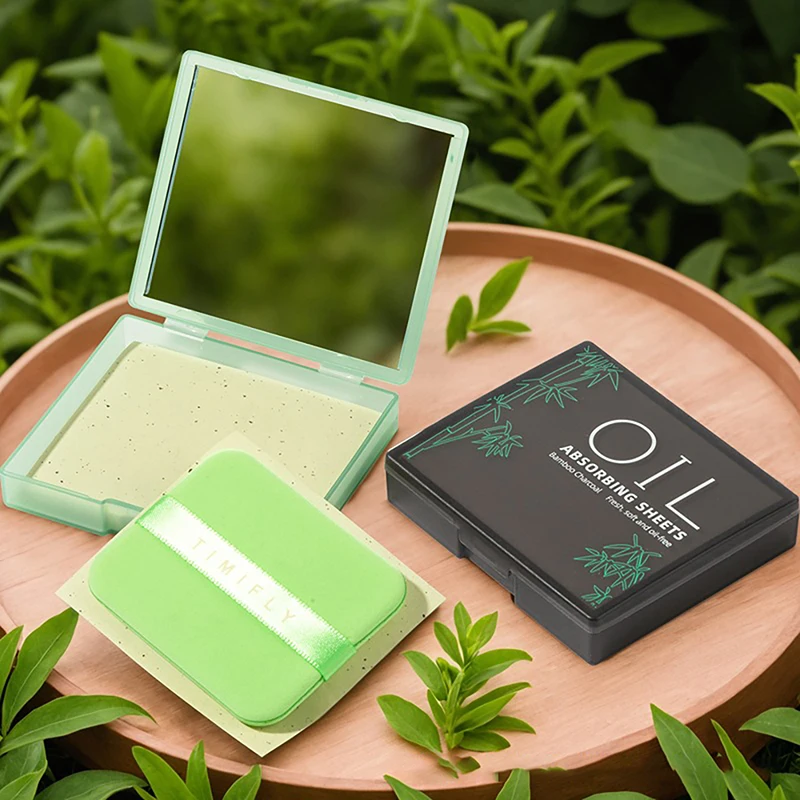 100 Sheets/Box Oil-Absorbing Paper With Mirror & Puff Portable Oil-Holding Bamboo Charcoal Paper For Makeup