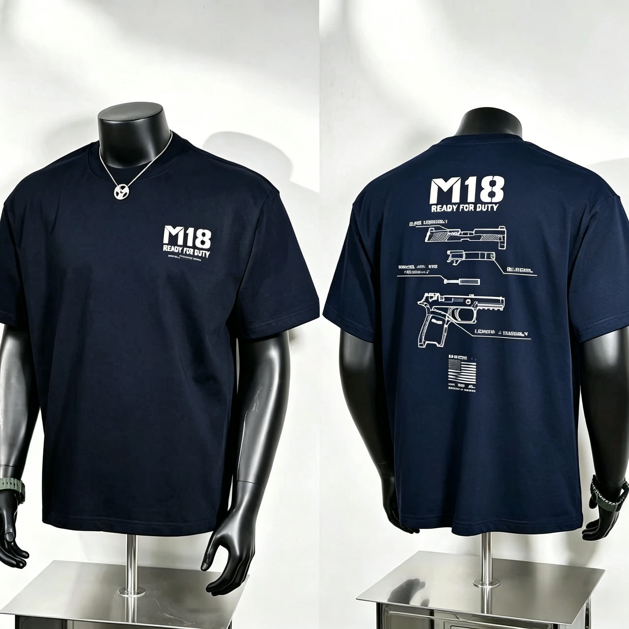 M18 Ready for Duty Graphic T Shirt, Minimal M18 Slogan Chest Logo and Large M18 Pistol Exploded View Blueprint Back Print