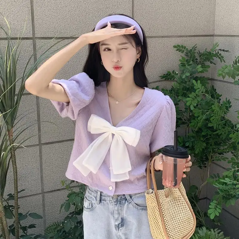 Bow Patchwork V Neck Short Shirt Tops Summer New Short Sleeve Solid Color All-match Korean Blouse Fashion Sweet Women Clothing