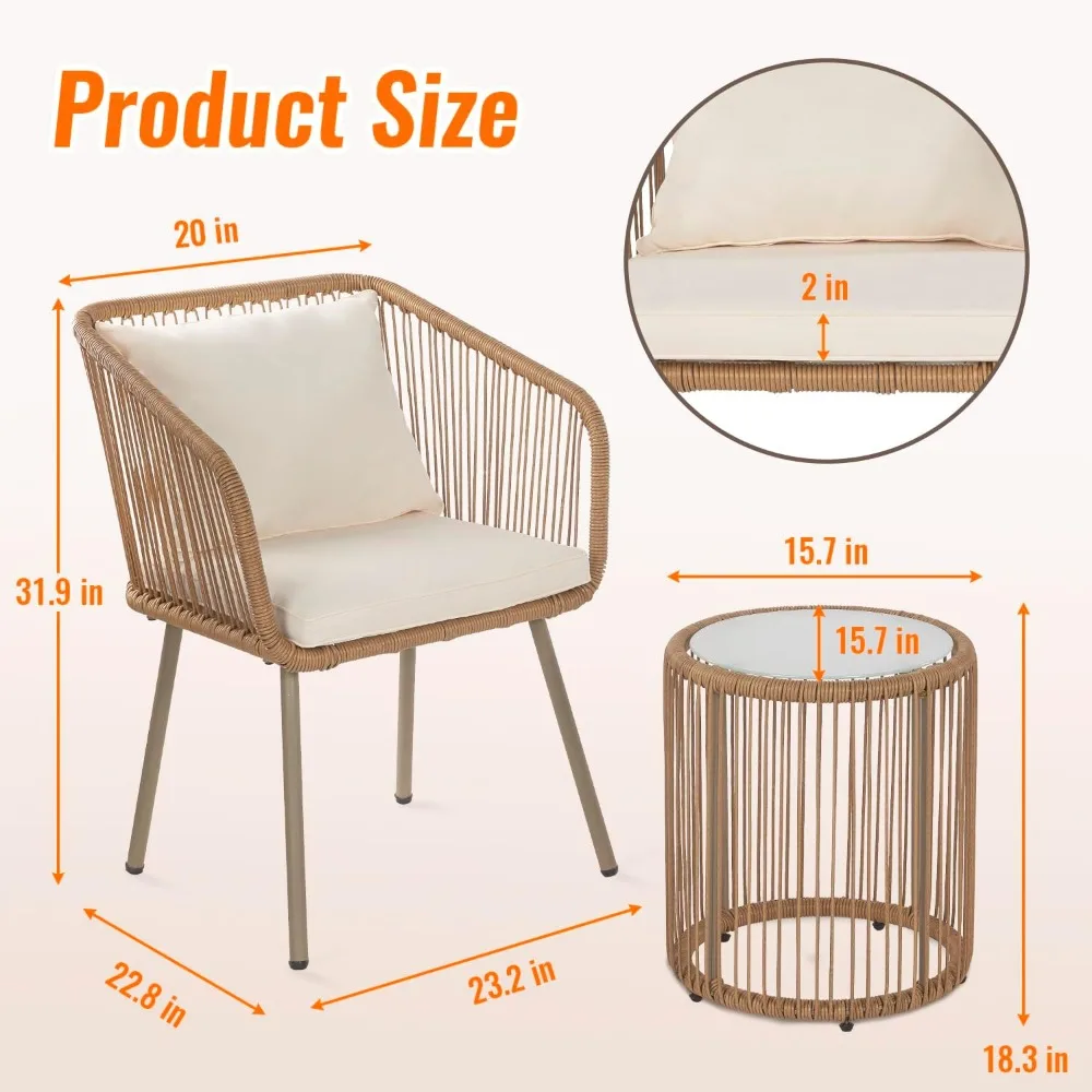 

Outdoor Patio Furniture Set ,White,Modern Rattan Bistro Set with Cushioned Chairs & Tempered Glass Coffee Table.