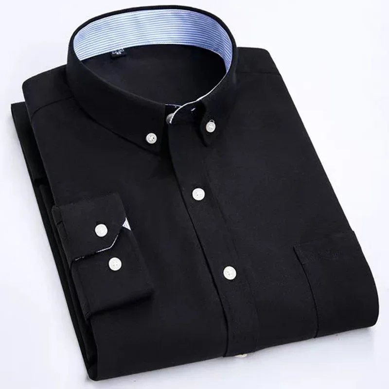 Camisa informal Oxford de manga larga a rayas para hombre, camisa informal con bolsillo frontal y cuello abotonado de ajuste Regular, camisas de trabajo gruesas Yyqwsj