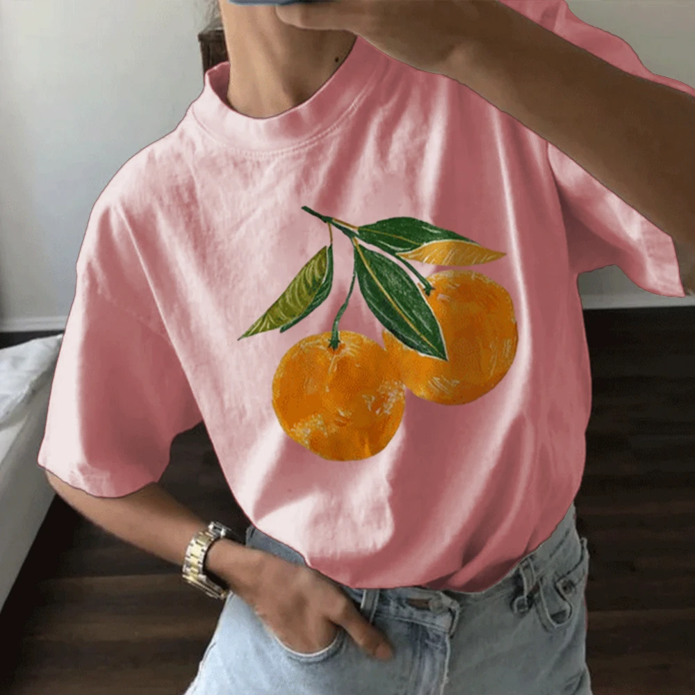 Fun Cartoon Oranges Fashion Print Women New Tshirt Summer O-Neck Short Sleeved Tee Tops Street Trend Female T-Shirt Clothes