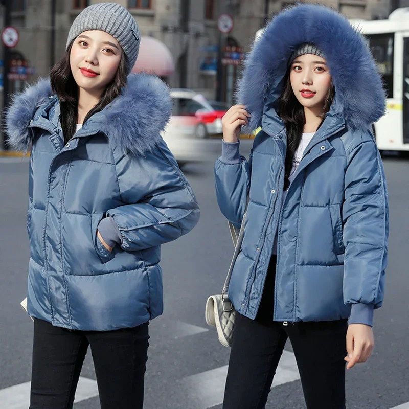 Women's Fashion Large Fur Collar Hooded Thick Cotton Down Thickened Jackets Winter Coats Solid Simple Parkas 2024 Female Outwear