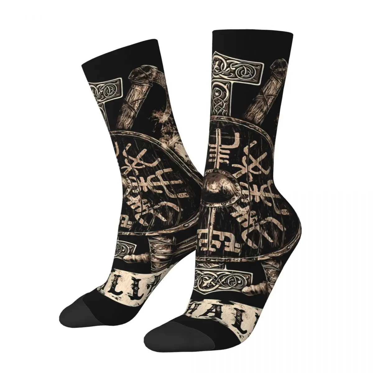 Funny Crazy Sock for Men Vegvisir Shield Hip Hop Viking Mythology Quality Pattern Printed Crew Sock Casual Gift