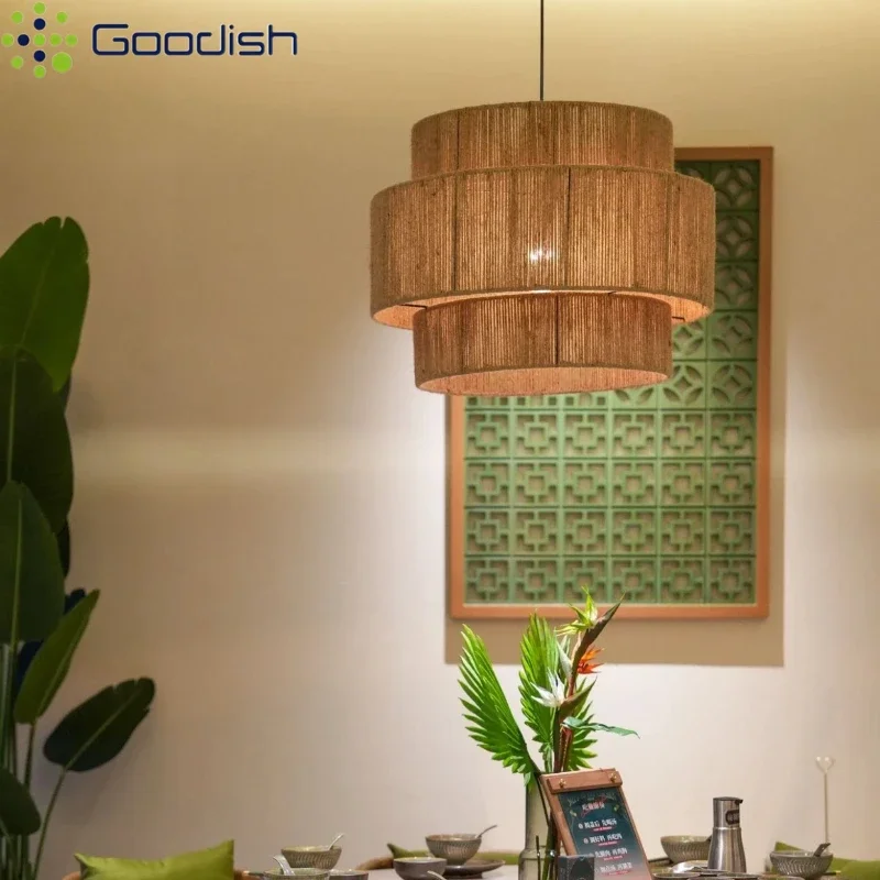 

Goodish Vintage bamboo rattan Suspension LED Pendant Light WabiSabi Lamps for Living Dining Bedroom Home Decoration Chandeliers