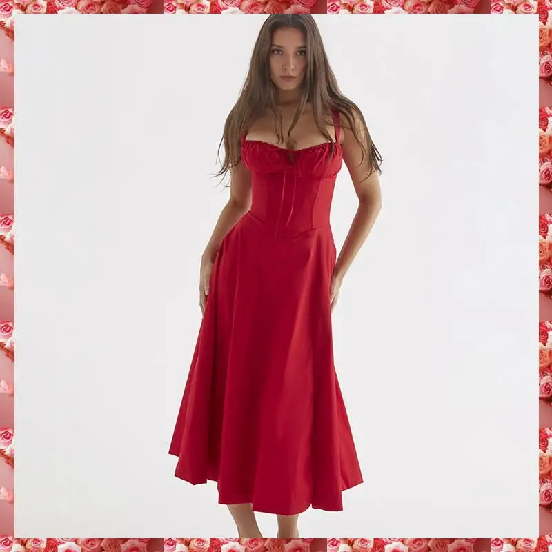 Women's Summer Midi Corset Boho Dresses Casual Spaghetti Straps Lace Up Dress Flowy Aline Beach Sundress