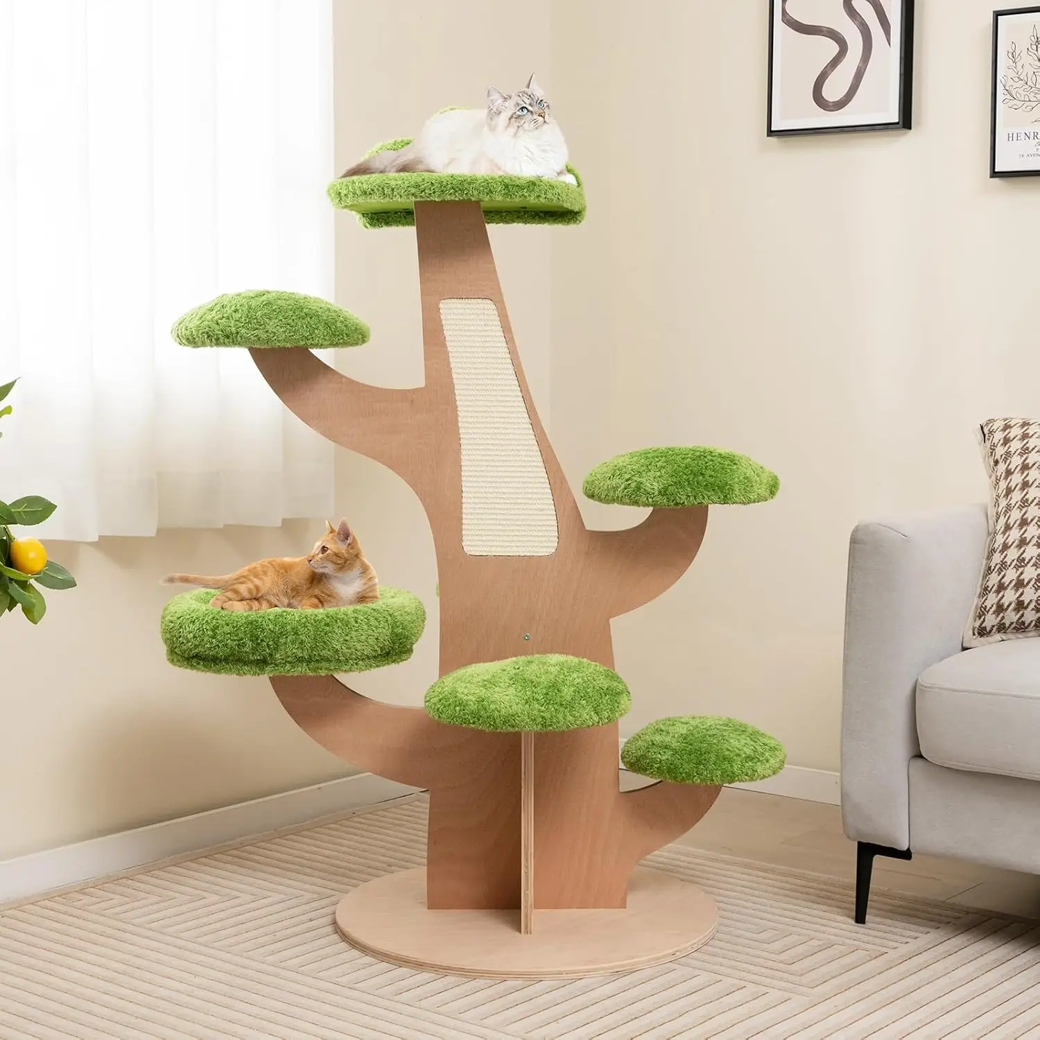 

Cat Tree Tower, Multi-Level Modern Wood Cat Tower with Solid Plywood Tree Frame, Top Perch, Cat Bed, 5 Thick Padded