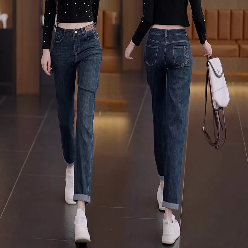 جينز حريم للنساء، سروال كاجوال فضفاض عالي الخصر للربيع والخريف، سروال تنحيف متعدد الاستخدامات وضيق وواسع الساق