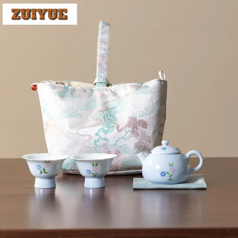 

Hand-painted Daisy Travel Tea Set Kit Boutique 1 Pot 2 Cups Tea Brewing Organizer Portable Camping Handbag Supplies Decoration