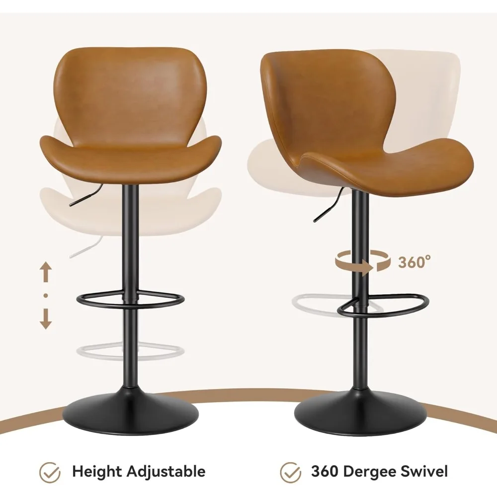 Juego de 2 taburetes de bar giratorios, taburetes de bar tapizados de cuero PU con respaldo y reposapiés, altura ajustable del asiento