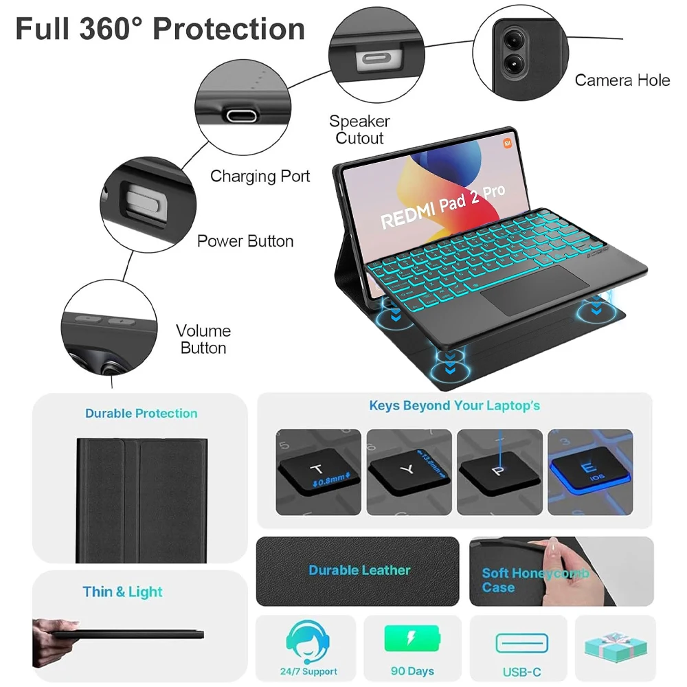 Case for Redmi Pad 2 Pro 12.1/Redmi Pad Pro 12.1-inch, Bluetooth Keyboard Cover for Xiaomi POCO Pad 12.1 Inch 2024