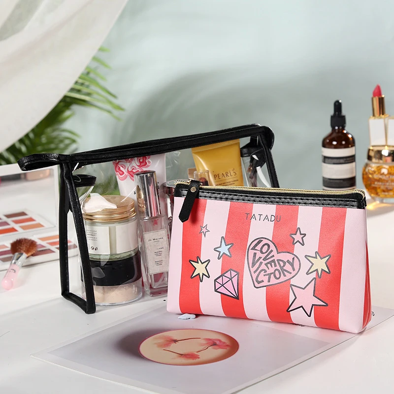 2PCS Set Of Cosmetics Bags Korean Pvc Transparent Cosmetic Bag Woman Toiletries Storage Handbags Printed Makeup Organizer Bag