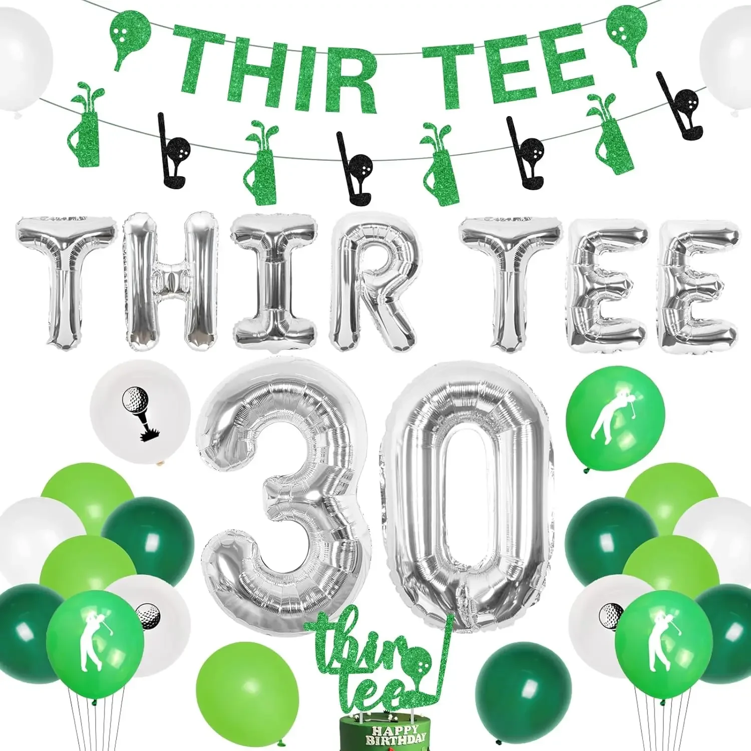 Decorações de golfe para 30o aniversário, balões verdes com glitter, decoração de bolo, banner, balões de golfe para tema de golfe, suprimentos