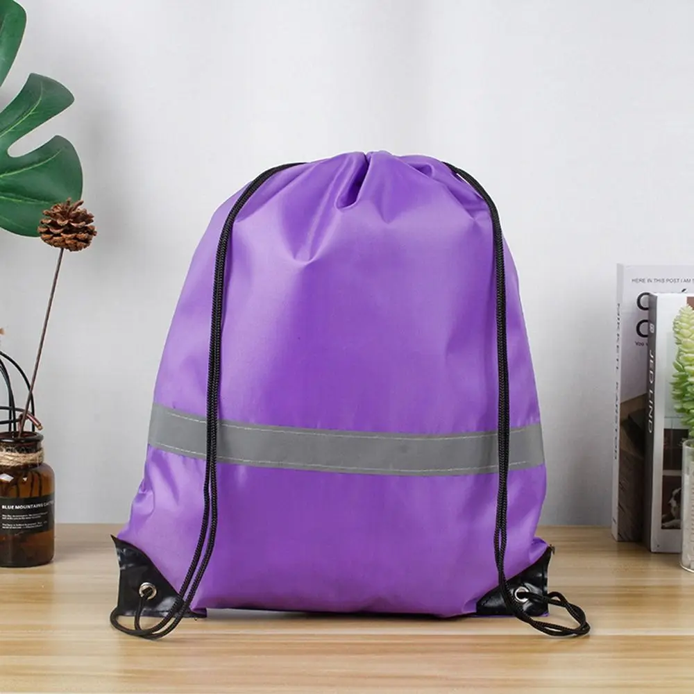 Reflective Stripe Drawstring Gym Backpack Waterproof 210D Polyester Nylon Sports Shoulder Bag Foldable Solid Color