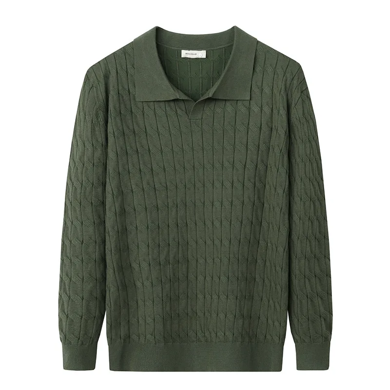 Mens Knit Sweater Polo Shirt V Neck Cable Stitch Business Collar Long Sleeve T Shirt Autumn Winter - Image 5