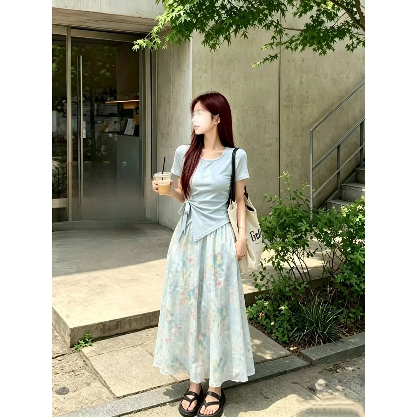 Retro Oil Painting Gradient Flower Half Skirt Women's Collar Top plus Size Two-Piece Set City Walk Casual Other Material 100%