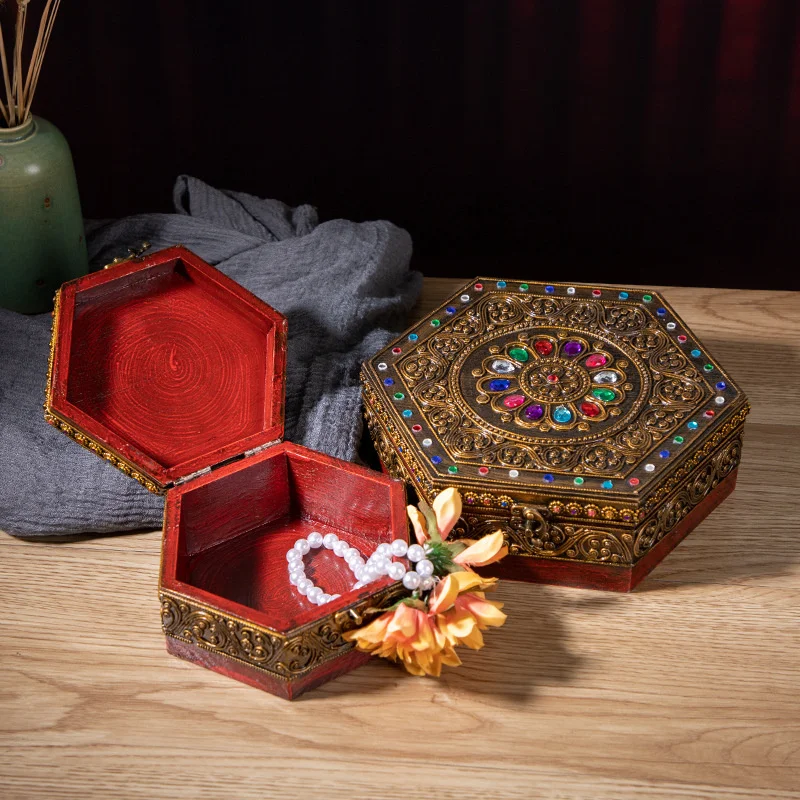Thai-Style Solid Wood Colored Glaze Jewelry Box Storage Tools Candy Box Desktop Ornament Living Room Restaurant Home Decoration