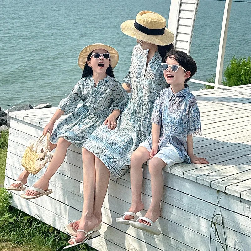 

2026 Summer Boho Family Matching Outfits Cotton Ethnic Print Dress Set Mom Daughter Son Holiday Beach Vacation Wear