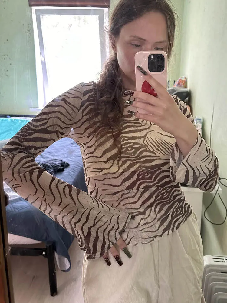 Women's Zebra Print Mesh Sheer Long Sleeve Shirts Sexy Blouses Fashion Top for Fall 2025