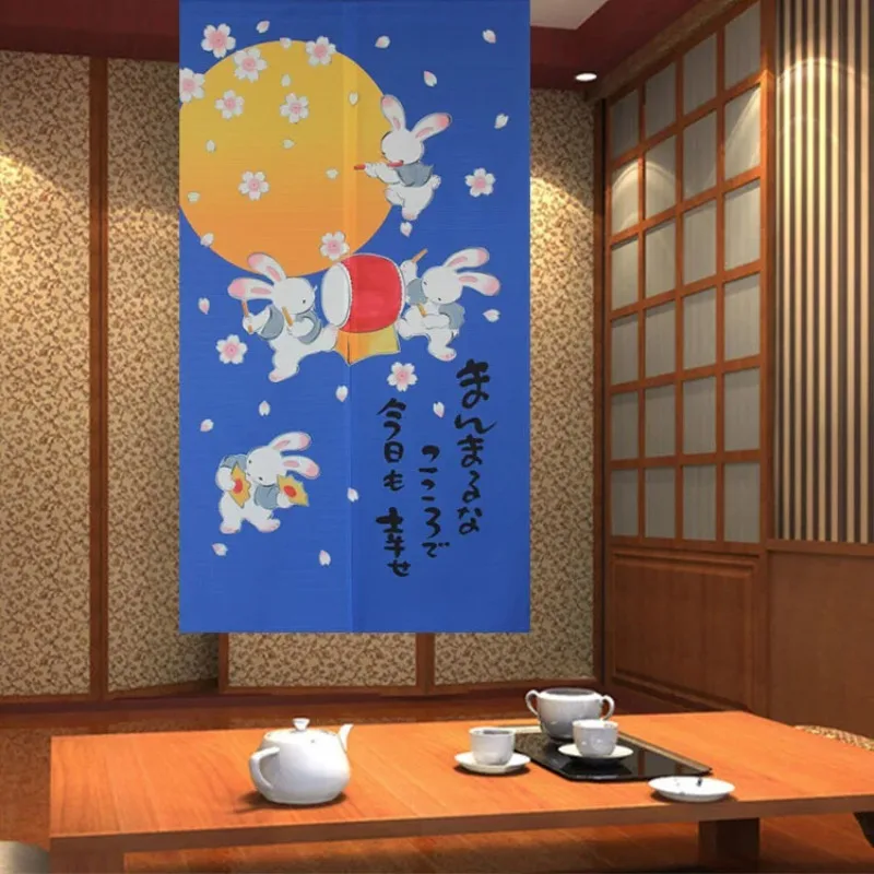 Cute Rabbit Under Moon Japanese Noren Door Curtain Feng Shui Half-Curtains Kitchen Partition Entrance Curtain Home Decorations
