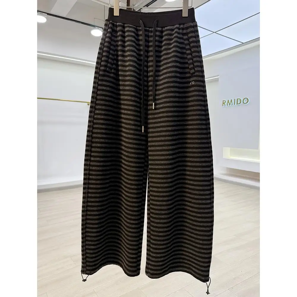 Thiened Fce-pantalones de plátano hasta el suelo para mujer, pantalón informal, diseño de rayas con cuchillo, cintura alta, algodón elástico