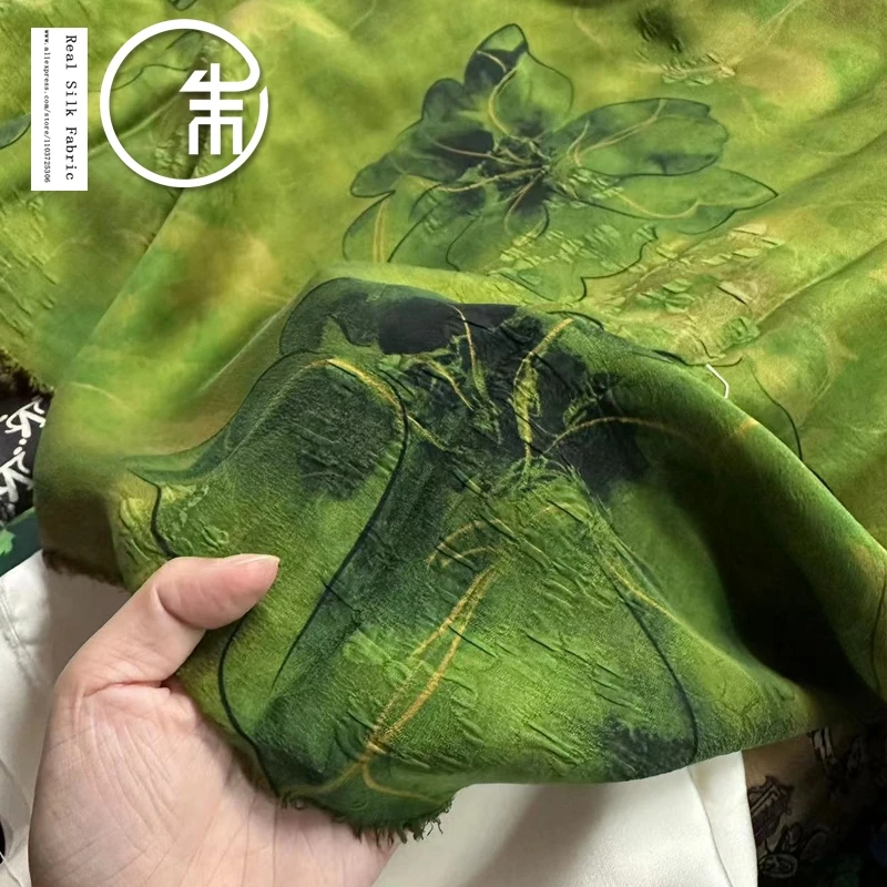 High Quality High-End Emerald Green Big Flower Crown Crepe Silk Fabric 100% Real Silk Designer Cloth Cheongsam Dress Summer