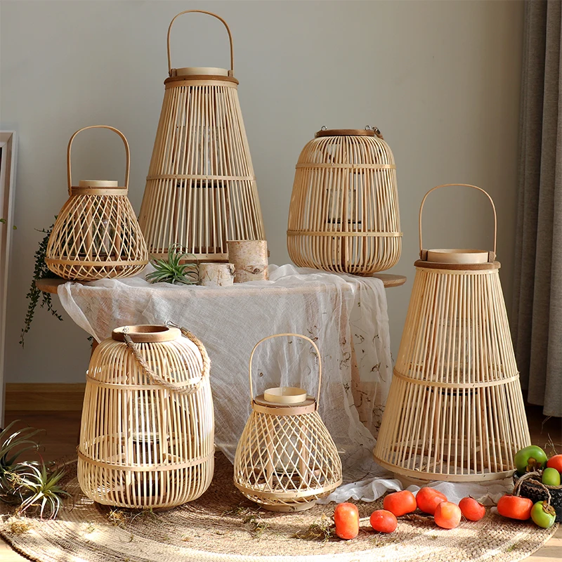 Creative Bamboo Wicker Lantern Candlestick Floor Standing Hanging Home Decor Sample Room Homestay Hotel Dining Table Decoration