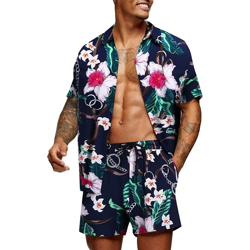 Fashion Men\'s Hawaiian Set Tracksuit Digital Printing Summer Short Sleeve Button Shirt Beach Shorts Streetwear Men Suit 2 Pieces