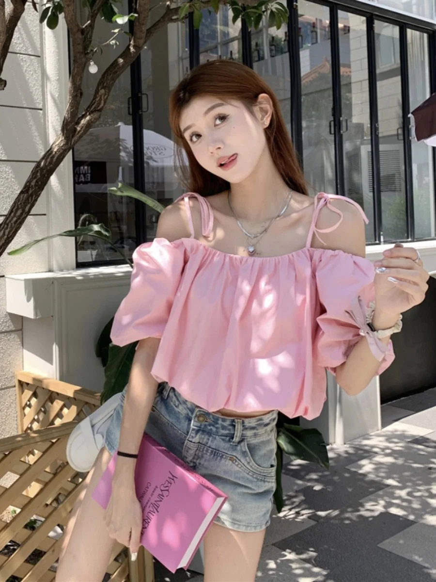 Top Estivo da Donna in Poliestere con Spalle Scoperte, Maniche a Palloncino e Design Casual