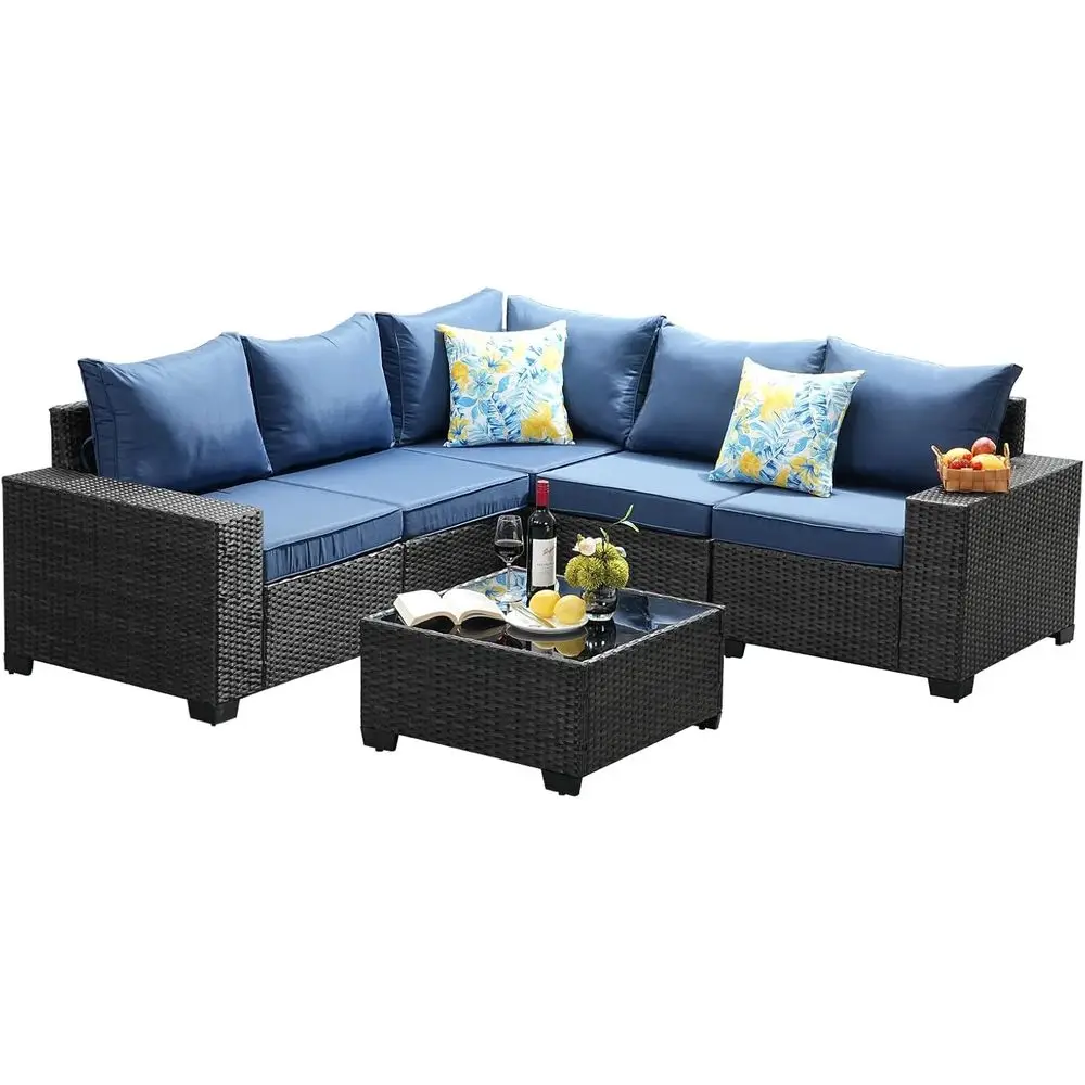 

6-Piece Navy Outdoor Sectional Sofa Set with Wide Armrests and Glass Coffee Table, Ideal for Patio, Poolside, and Garden Gatheri