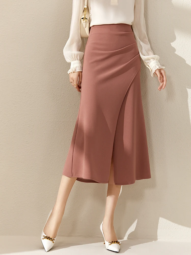 

SENTUBILA Ruched Slit Sheath Skirts for Women 2024 Spring Elegant Office Ladies Work Casual Solid A Line Split Midi Wrap Skirt