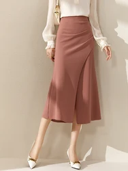 SENTUBILA Ruched Slit Sheath Skirts for Women 2024 Spring Elegant Office Ladies Work Casual Solid A Line Split Midi Wrap Skirt