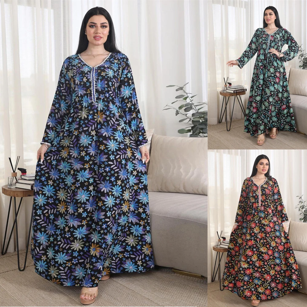 

Moroccan Jalabiya Elegant Women's Dresses for Party 2024 Chic Rhinestone Tape Trim Long Sleeve Gulf Abaya Floral Print Dresses