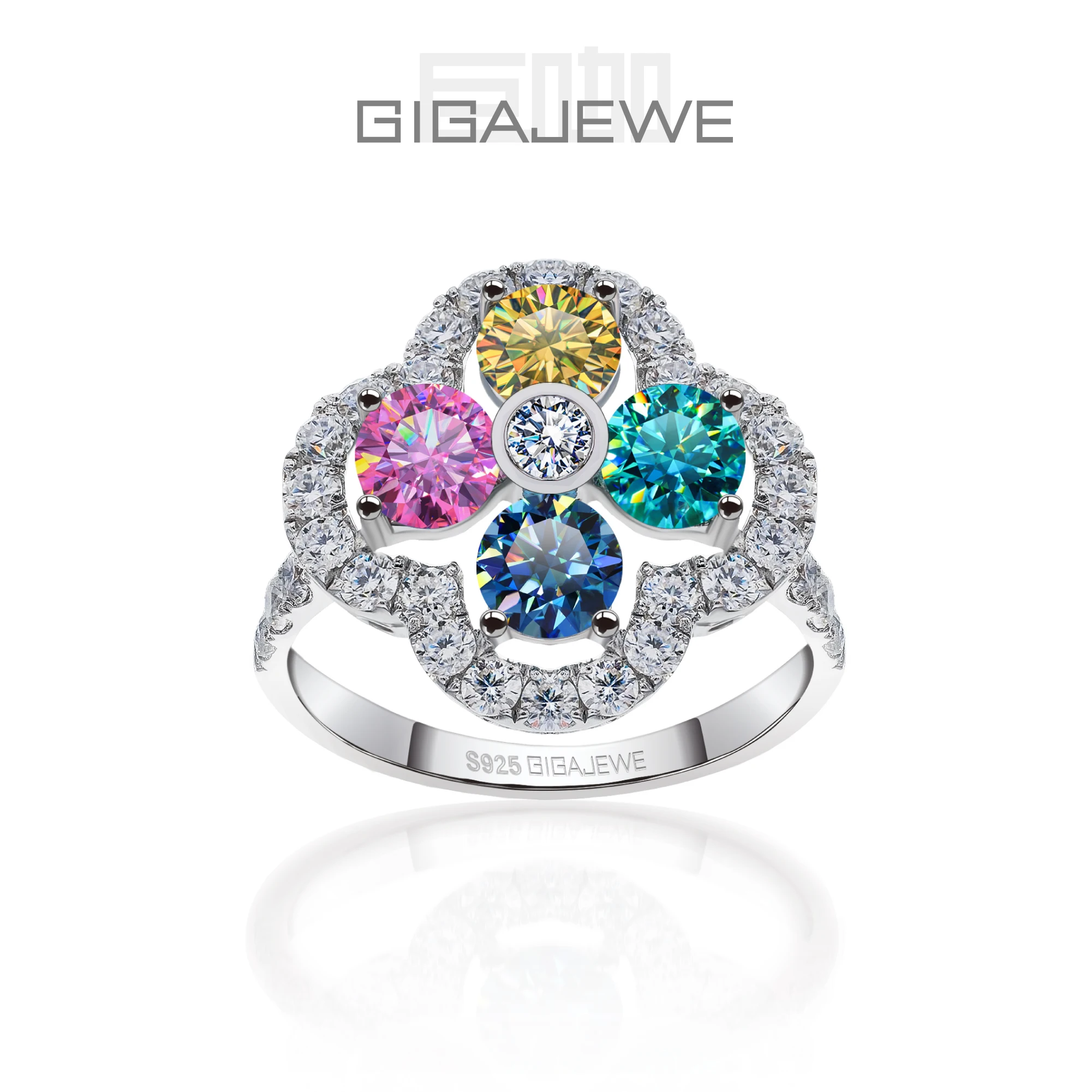 GIGAJEWE Moissanite Four Color Round Cut 925 Silver 18K White Gold Plated Ring Diamond Test Passed Woman Girlfriend Gift