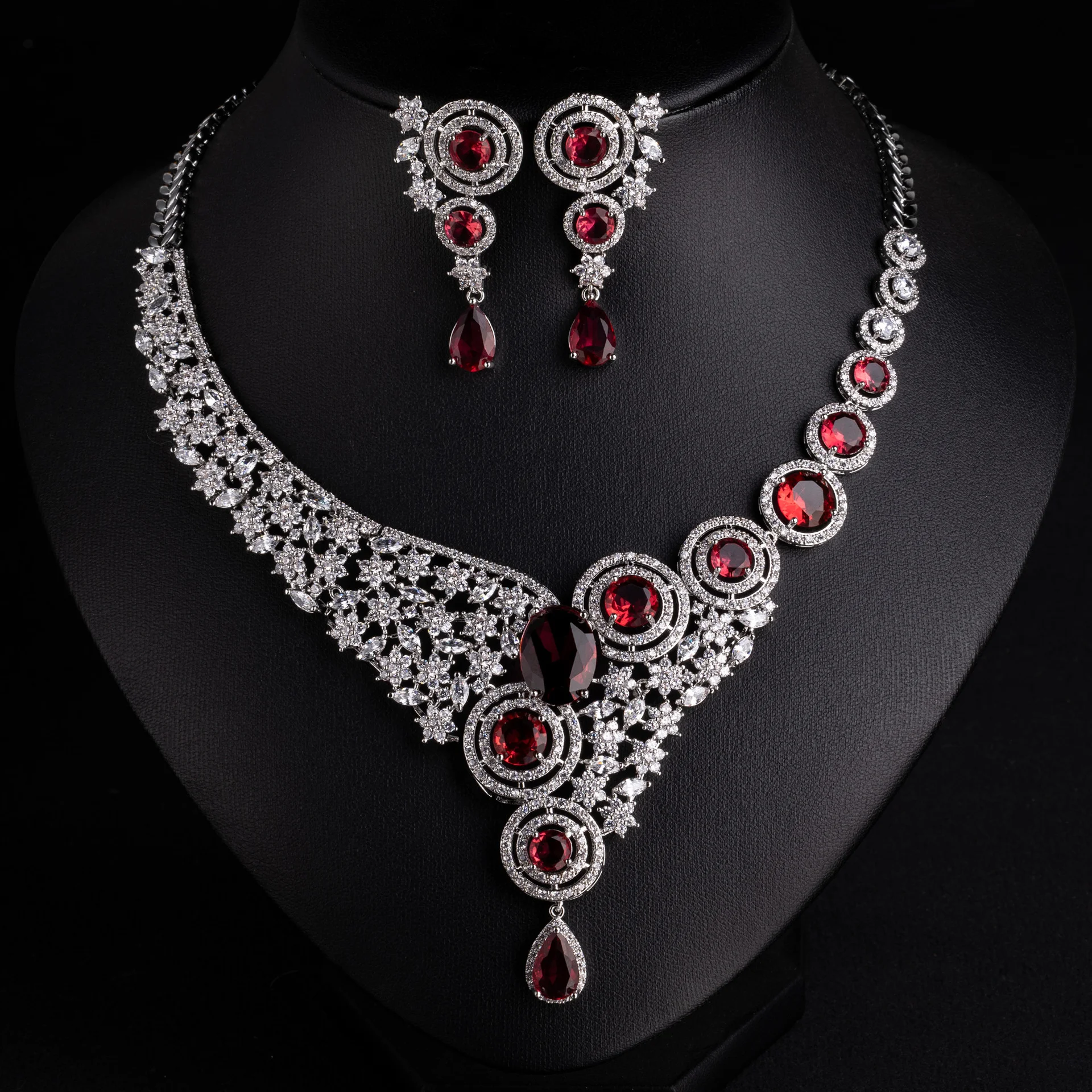 

European Luxury Jewelry Set, Round & Water Drop Zircon Inlaid Necklace Earrings, Evening Dress Accessories for Women