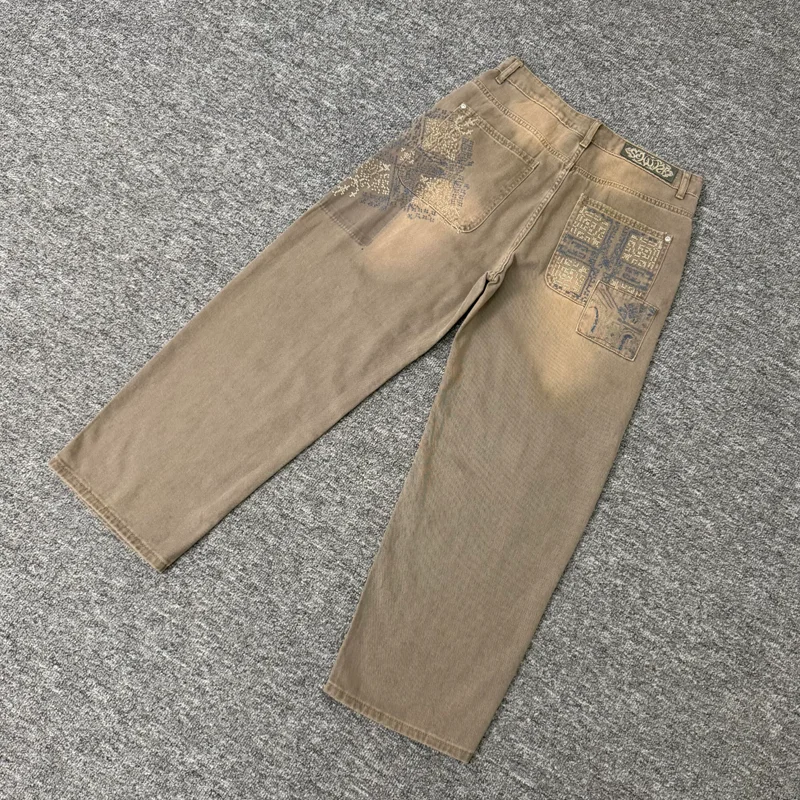 Men Vintage Washed Brown Denim Jeans Embroidery Print Loose Wide‑Leg Casual Derschutze Trousers