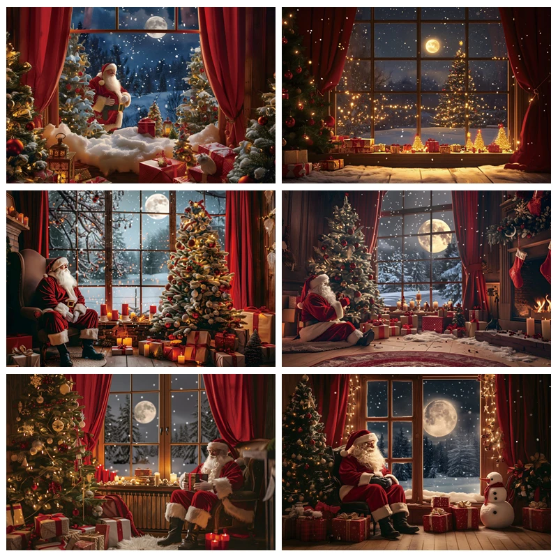 

Christmas Eve Santa Claus Backdrop Winter Snow Window Moon Night Xmas Tree Gift Kids Portrait Christmas Photography Background